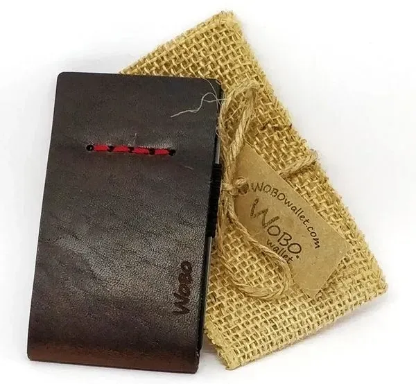 Dark leather wallet with burlap pouch