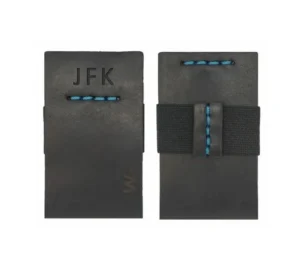 Black leather minimalist wallet with blue stitching