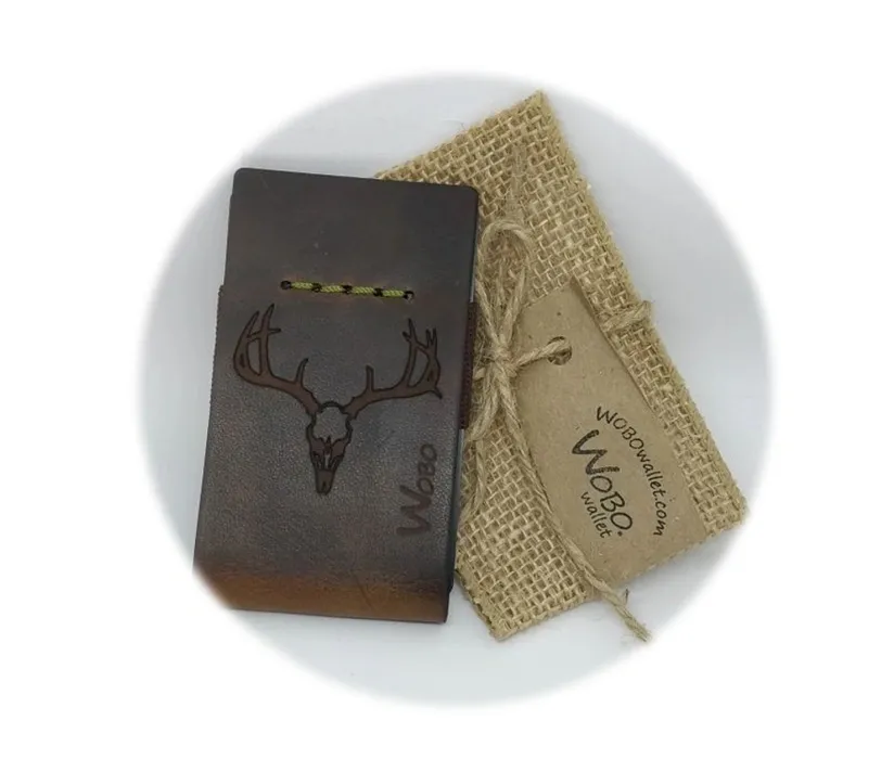 Brown leather wallet with a deer head on it, tied with a jute cloth and a tag