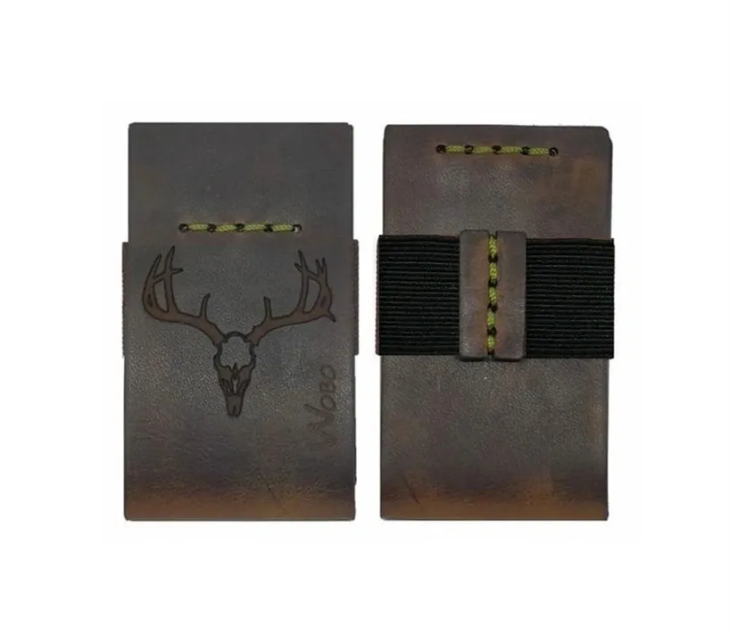 Pair of brown leather wallets with a deer skull on them, set against a white background