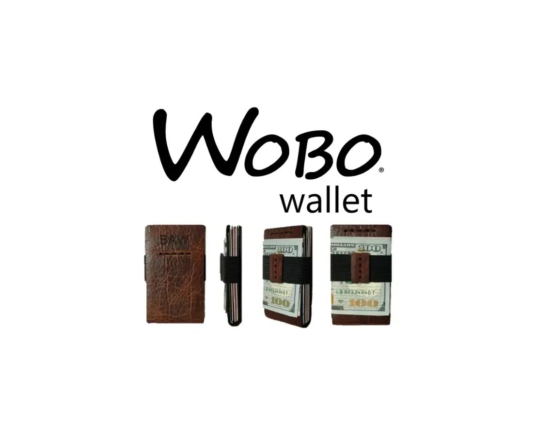 Wobo wallet with a pen and money inside, set against a white background